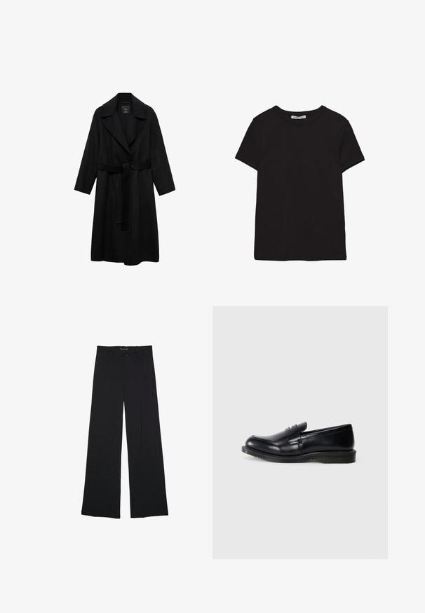 Sort frakke med bælte, klippet krave, lange ærmer og åbent forsiden. Lavet af et tekstureret stof, har den et simpelt, minimalistisk design.; Sort kortærmet t-shirt i bomuld med rund halsudskæring, standard pasform og synlig indvendig halsmærkat.; Sorte bukser med vide ben, bæltestropper, knaplukning foran og lynlås, lagt fladt på en hvid baggrund.; Sorte læder loafersandaler med en glat finish, rund tå og syet detaljering på overdelen, samt en tekstureret gummisåler for godt vejgreb.