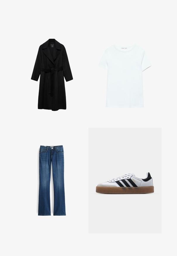 Zwarte ceintuurjas met een gelapt kraag, lange mouwen en een open voorkant. Gemaakt van een geweven stof, heeft het een eenvoudig, minimalistisch ontwerp.; Effen wit katoenen T-shirt met korte mouwen en een ronde hals, plat gelegd op een witte achtergrond, zonder zichtbare patronen of logo's.; Geweide blauwe denim jeans met een middelhoge taille, vijf zakken en een frontale knoopsluiting. De stof vertoont lichte vervaging voor een textuur.; Witte leren sneakers met zwarte strepen, gumrubberen buitenzool, ronde neus, vetersluiting en een zachte grijze suède neuskap.