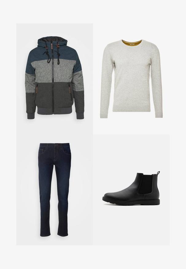 Huppari, jossa on väriblokki-suunnittelu tummansinisessä, harmaassa ja hiilessä. Varustettu vetoketjukiinnityksellä ja erottuvilla naruilla.; TOM TAILOR CREW NECK - Neule - light soft grey melange; Tummansiniset farkut suoran lahkeiden leikkauksella, joissa on etutaskut, vetoketjukaulus ja hienovaraiset ompelu yksityiskohdat.; Mustat nahkasaappaat Chelsea-tyyliin, joissa on elastiset sivupaneelit, vetoketju ja kestävä kumipohja. Siisti pinta ja virtaviivainen muotoilu.