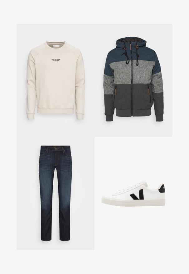 Hooded jacket met een kleurblokken ontwerp in donkerblauw, grijs en antraciet. Inclusief ritssluiting en contrasterende koorden.; Crème-kleurige sweatshirt met raglanmouwen, ribgebreide manchetten en zoom. Bevat een zwart tekstlogo aan de voorkant. Zacht, geweven stof.; Donkerblauwe slim-fit spijkerbroek met voorzakken, riemlussen en zichtbare stiksels, plat gelegd op een witte achtergrond.; Witte leren sneaker met zwarte suède accenten; voorzien van een rubberen zool, ronde neus en een klassieke vetersluiting. Zijkant met logo in het zwart.