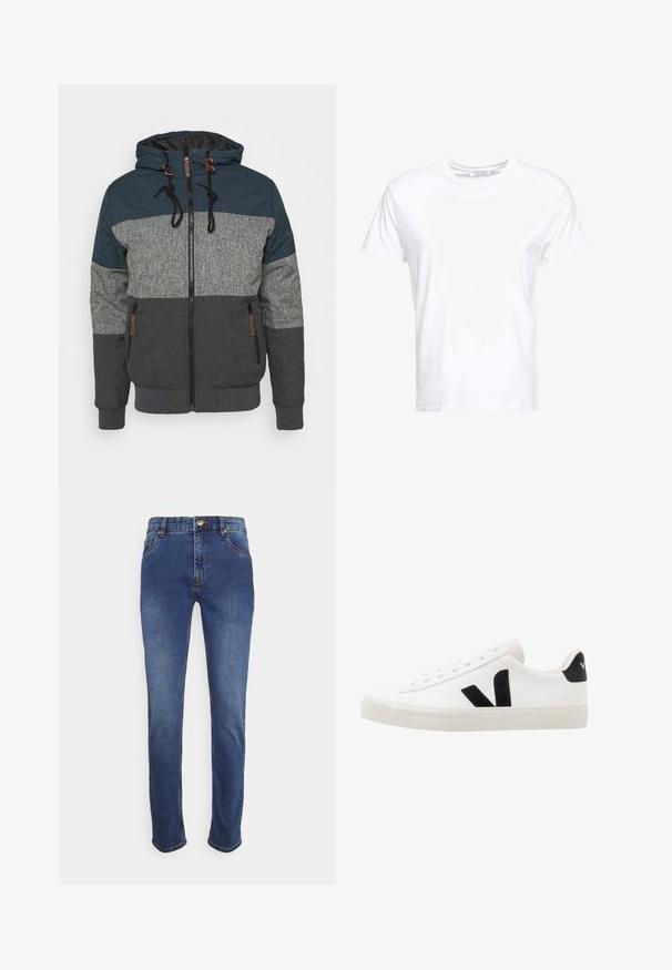 Hoodie-Jacke mit einem Farbblockdesign in Dunkelblau, Grau und Anthrazit. Verfügt über einen Reißverschluss und kontrastierende Kordeln.; Weißes Baumwoll-T-Shirt mit rundem Ausschnitt und kurzen Ärmeln, im klassischen Schnitt und mit glatter Textur. Keine sichtbaren Muster oder Hardware.; Dunkelblaue Jeans aus Denim im klassischen geraden Schnitt, mit fünf Taschen, goldener Knopfverschluss und dezentem Steppdetail an den Nähten.; Weiße Leder-Sneaker mit schwarzen Wildlederelementen; verfügen über eine Gummisohle, eine runde Spitze und ein klassisches Schnürdesign. Seitliches Logo in Schwarz.