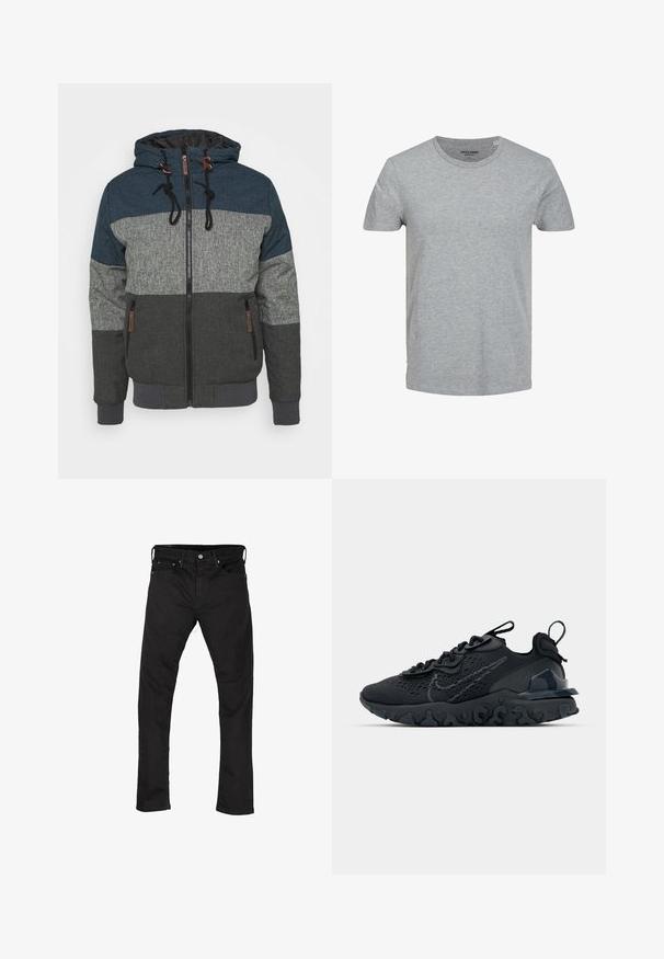 Hoodie-Jacke mit einem Farbblockdesign in Dunkelblau, Grau und Anthrazit. Verfügt über einen Reißverschluss und kontrastierende Kordeln.; Grau T-Shirt mit kurzen Ärmeln aus weicher Baumwolle. Mit klassischem Rundhalsausschnitt und normaler Passform. Einfaches Design ohne Muster oder Akzente.; Schwarze Denim-Jeans mit geradem Bein, im Fünf-Taschen-Stil und mit Metallknopfverschluss. Glatte Textur und einheitliche Farbe im gesamten Material.; Schwarzer Sportschuh mit atmungsaktivem Mesh-Obermaterial, strukturierten Akzenten und einer wellenförmigen Gummisohle. Verfügt über ein reflektierendes Logo und ein Schnürsystem.