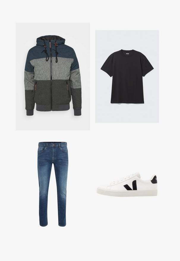 Chaqueta con capucha que presenta un diseño de bloques de color en azul oscuro, gris y carbón. Incluye cierre de cremallera y cordones de contraste.; Camiseta de algodón de manga corta en color negro. Cuenta con un cuello redondo y un corte relajado. Diseño sencillo sin patrones ni acentos visibles.; Vaqueros de mezclilla azul de corte ajustado con un lavado medio, cinco bolsillos y costuras en contraste. Presentan un cierre de botón y trabillas para cinturón.; Zapatilla de cuero blanca con acentos de ante negro; presenta una suela de goma, puntera redonda y un diseño clásico de cordones. Logo lateral en negro.