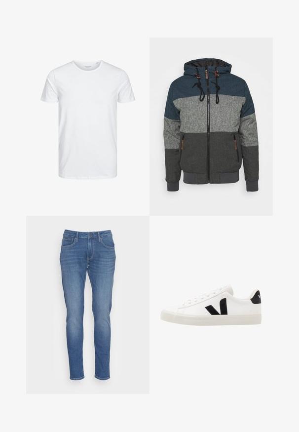 Veste à capuche avec un design coloré en bleu foncé, gris et charbon. Comprend une fermeture éclair et des cordons contrastés.; T-shirt à col rond à manches courtes de couleur blanche unie, fabriqué en coton doux, avec un design simple sans motifs ni accents visibles.; Jean en denim bleu à coupe slim, avec une fermeture à bouton et à zip à l'avant, cinq poches et un léger délavage sur l'ensemble du tissu.; Sneaker blanche en cuir avec des accents en daim noir ; dispose d'une semelle en caoutchouc, d'un bout rond et d'un design classique à lacets. Logo latéral en noir.