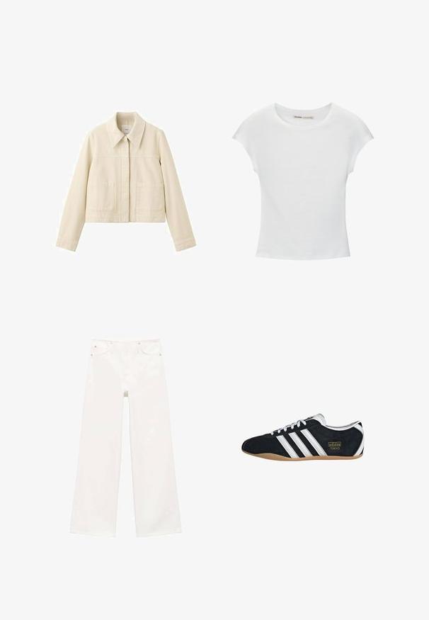 Beige cropped jack met brede kraag, lange mouwen, voorzakken en een verborgen knoopsluiting.; Witte katoenen T-shirt met korte, opgerolde mouwen, een ronde halslijn en een rechte zoom. Gladde textuur zonder zichtbare patronen of accenten.; Witte hoge taille wijde pijpen jeans met een rits en knoopsluiting aan de voorkant, twee voorke pockets en lussen voor een riem.; Zwarte suède sneaker met witte drie strepen, gouden logo en een bruine rubberen zool. Heeft een laag profiel vetersluiting ontwerp.