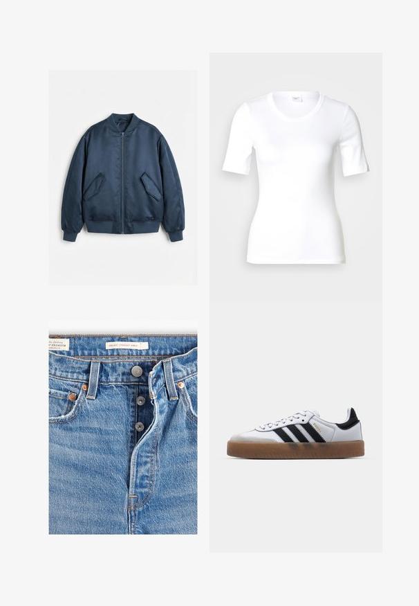 Chaqueta bomber azul marino con cremallera frontal, cuello, puños y dobladillo acanalados, y dos bolsillos con solapa inclinada sobre un fondo blanco.; Camiseta blanca de manga corta hecha de algodón liso, con escote redondo y forma ajustada. Diseño clásico, sin estampados ni adornos.; Jeans de mezclilla azul claro con corte recto a la altura del tobillo. Incluye cinco bolsillos, dos botones de metal y costuras naranjas visibles. Etiquetas presentes.; Zapatillas de cuero blancas con rayas negras, suela de goma, puntera redonda, cierre de cordones y caperuza de ante gris suave.