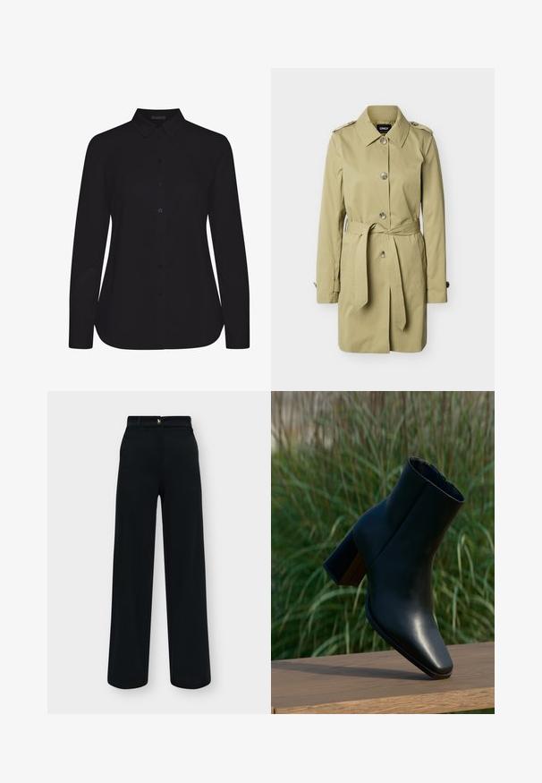 Beiger knielanger Trenchcoat mit Knopfleiste, Taillengürtel, Schulterklappen und langen Ärmeln.; Schwarzes Langarmshirt aus glattem Stoff, mit kragen und Frontknopfleiste, und gerader Saum.; Schwarze, hoch taillierte, weit geschnittene Hose mit Frontknopf und Gürtelschlaufen, vor hellem Hintergrund dargestellt.; Schwarzer Leder-Stiefel für den Knöchel mit spitzer Vorderseite, Blockabsatz und glatter Textur. Verfügt über einen engen Schaft und ein minimalistisches Design.
