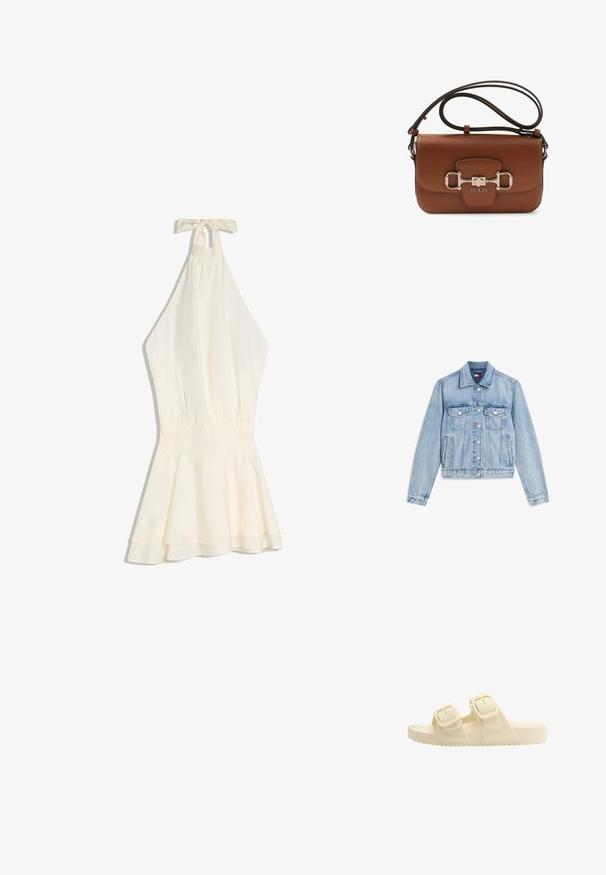 Veste en denim bleu clair avec fermeture à boutons sur le devant, deux poches poitrine à rabat avec boutons, poches latérales et col classique.; Robe dos nu couleur crème avec taille froncée et détail de mini-jupe évasée et superposée.; Sandale à glissière beige avec deux brides réglables à boucle et une semelle crantée, conçue pour un usage décontracté et le confort.; Sac à bandoulière Guess en cuir marron avec fermeture décorative en argent et sangle réglable, sur fond blanc.