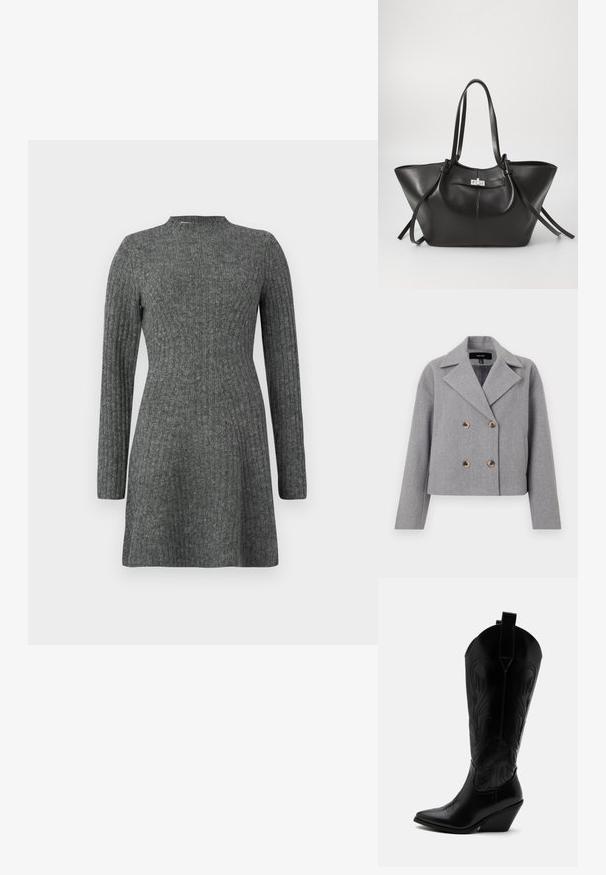Chaqueta corta gris con diseño de doble botonadura, cuello con muescas y botones de madera. Fabricada en tejido texturizado y con mangas largas.; Vestido de canalé hasta la rodilla en gris oscuro, con mangas largas y escote alto, fabricado en un suave tejido texturizado.; Bota de vaquero de cuero negro con punta puntiaguda, tacón bloqueado inclinado, costuras decorativas y lengüetas en la parte superior sobre fondo blanco.; Bolsa tote de cuero negro con una forma triangular amplia. Presenta un cierre metálico elegante, asas largas y una textura suave.