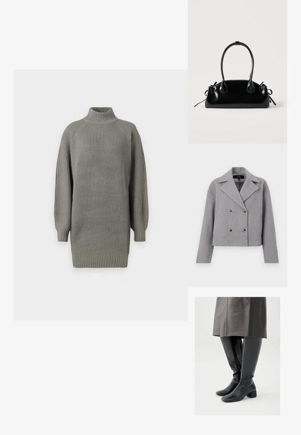Veste grise courte avec un design croisé, col cranté et boutons en bois. Fabriqué en tissu texturé avec des manches longues.; Pull en maille gris surdimensionné avec un col montant, des poignets côtelés et une surface texturée. Présente des épaules tombantes et une coupe décontractée.; Bottes en cuir noir montant jusqu'au genou avec un bout carré, un talon bloc incliné et une fermeture éclair latérale ; texture lisse et design ajusté.; Petit sac à main noir brillant avec deux longues anses et des détails à cordon sur les côtés sur un fond clair uni.