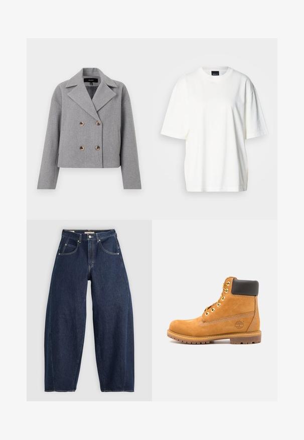 Grijze cropped jack met een dubbelgebreide ontwerp, met een omgeslagen kraag en houten knopen. Gemaakt van textuurstof met lange mouwen.; Witte oversized t-shirt van katoen, met een ronde halslijn en korte mouwen. Gladde textuur met een losse pasvorm.; Donkerblauwe denim jeans met een losse fit, lichte stiksels, vijf zakken en een knoopsluiting op de taille.; Bruine leren enkelboot met zwarte voering, gouden oogjes en een gestructureerde zool. Kenmerkt zich door een cirkelvormig logo aan de zijkant en stikselaccenten.