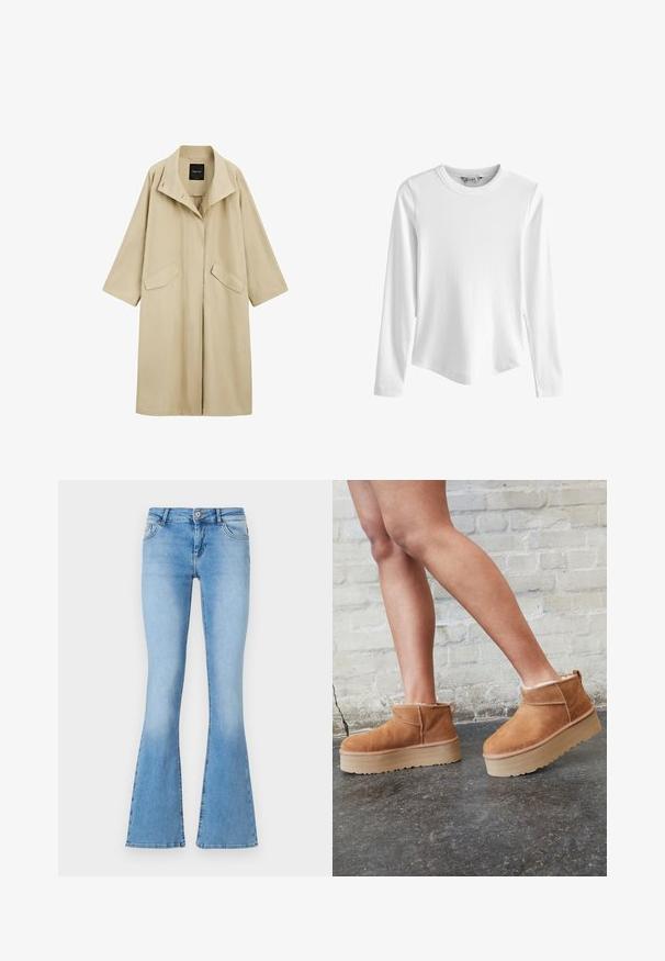 Beige lang trenchcoat med bred krave, lange ærmer og to forlommer med klap.; Hvid langærmet ribbet top med rund halsudskæring og let buet kant, vist mod en ensfarvet hvid baggrund.; Lysblå flagrende jeans lavet af denim med midt-høj talje, med forlommer og syninger langs sømme og kanter.; Brune ruskinds ankelsko med en blød foring, tyk beige plattformsål og en bageste løkke. Tekstureret overflade med synlige sømdetaljer.