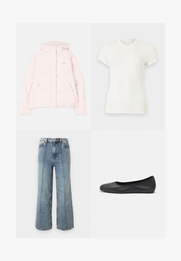 Doudoune rose clair avec capuche, dotée d'une fermeture éclair à l'avant, de deux poches latérales et d'un logo discret sur la poitrine. Texture lisse.; T-shirt blanc en maille côtelée à manches courtes avec col rond et manches légèrement bouffantes.; Jean denim bleu taille haute avec jambes larges, bouton et zip à l'avant, poches latérales et coutures verticales visibles sur chaque jambe.; Ballerines en cuir noir avec un bout rond, texture lisse, détails de couture minimalistes et design de semelle flexible.