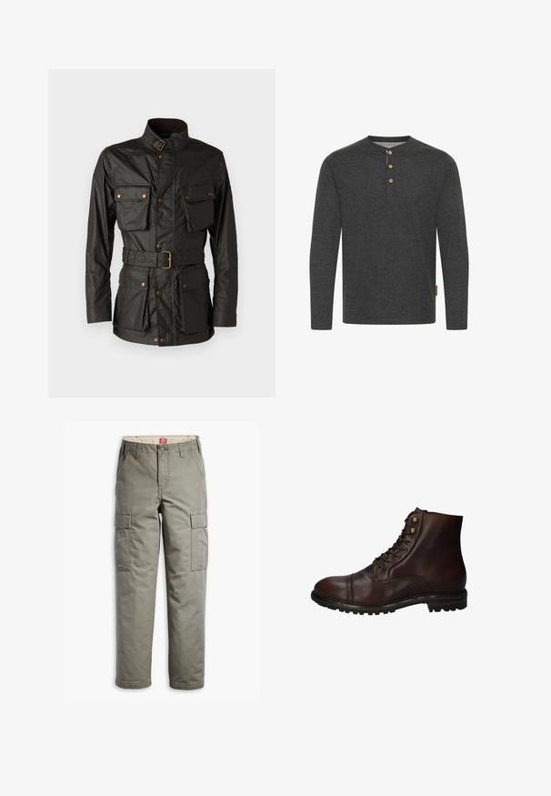 Dunkelgrüne gewachste Baumwolljacke mit hohem Kragen, vier Fronttaschen, tailliertem Bund und Beschlägen in Goldoptik.; Dunkelgraues Langarmshirt aus weichem Material, mit einem Henley-Ausschnitt und drei Holzknöpfen sowie einem Seitenschild.; Cargo-Hosen in Olivgrün, aus strapazierfähigem Baumwollmix, mit seitlichen Taschen, einem geraden Bein-Design und Knopfverschluss.; Dunkelbraune Leder Schnürstiefelette mit robustem Gummisohlen und Metallösen, von der Außenseite betrachtet.