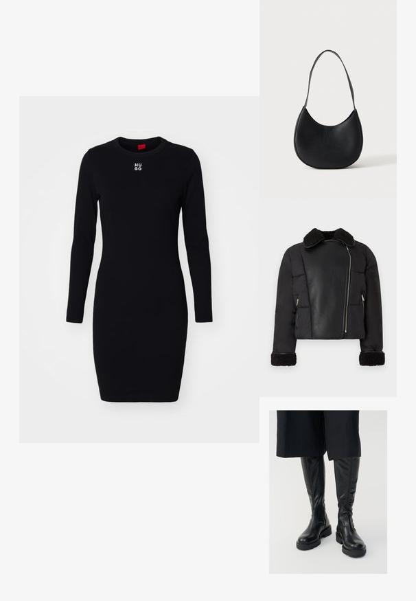 Schwarze Daunenjacke mit Leder-Frontpanel, Lammfellkragen und -bündchen; verfügt über seitliche Reißverschlusstaschen und eine verkürzte Silhouette.; Schwarzes langärmeliges Kleid aus weichem, dehnbarem Stoff. Mit Rundhalsausschnitt und weißem "HUGO"-Logo auf der Brust. Figurbetontes Design.; Schwarze kniehohe Stiefel aus Leder mit glatter Textur, stabilen Sohlen und seitlichen Reißverschlüssen. Das Design weist dezente Nahtdetails auf.; Schwarze Leder-Schultertasche in halbmondförmigem Design mit einem einzelnen Trageriemen und dezent geprägtem Markennamen auf einfarbig hellem Hintergrund.