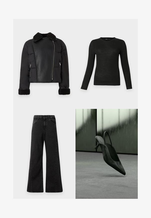 Chaqueta de plumas negra con un panel delantero de cuero, cuello de borrego y puños; cuenta con bolsillos laterales con cremallera y una silueta corta.; Suéter ajustado de manga larga y cuello redondo en color negro, con una textura suave, exhibido sobre un fondo gris claro liso.; Vaqueros de mezclilla negros de cintura alta con un diseño de pierna ancha, que cuentan con bolsillos frontales y un cierre de botón en la cintura.; Zapato de tacón alto con punta puntiaguda y talón destalonado de cuero negro flotando sobre un suelo alfombrado gris, fondo de pared verdosa borrosa.
