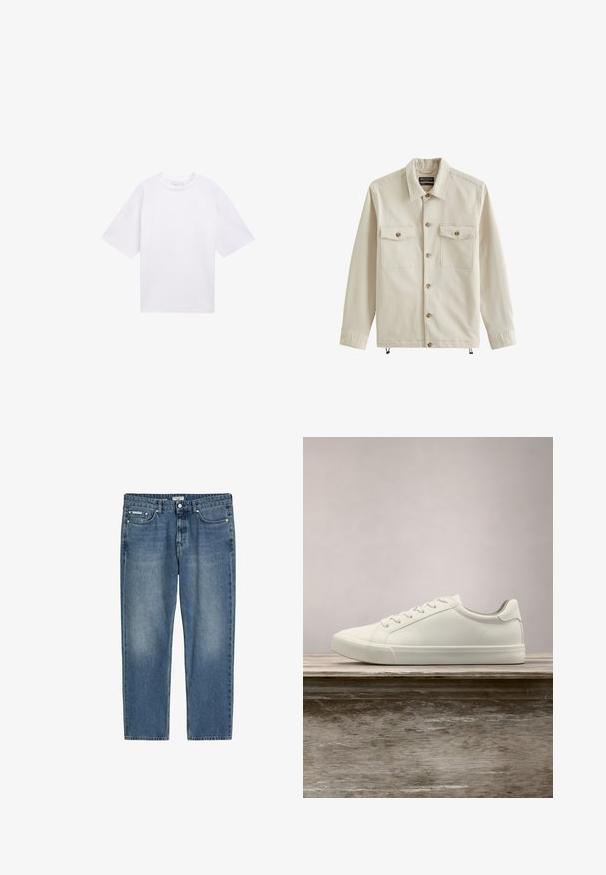 Beige jasje met knopen, twee borstzakken, lange mouwen, kraag en verstelbare trekkoorden aan de zoom.; Witte T-shirt met korte mouwen van katoen. Ontspannen pasvorm met een ronde hals. Glad materiaal zonder zichtbare patronen of accenten.; Blauwe straight-leg jeans met vijf zakken, metalen knoopsluiting en subtiel vervagen op dijen en knieën.; Witte vetersneaker die boven een houten bank zweeft met groene bladeren op de achtergrond, waarbij het ontwerp en de textuur van de schoen worden getoond.