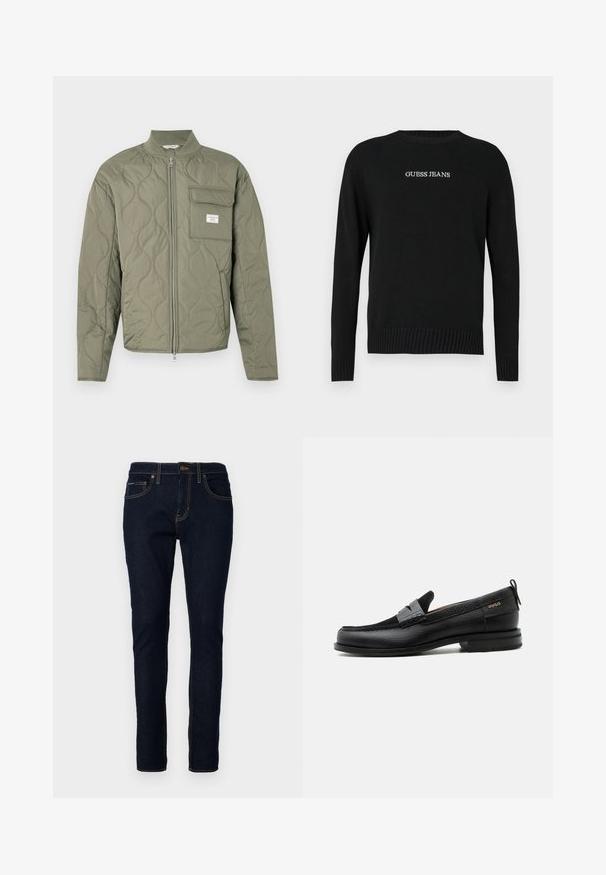 Steppjacke in olivgrün mit Reißverschluss, wellenförmiger Steppung, hohem Kragen und einer Klappentasche auf der linken Brust mit weißem Etikett.; Schwarzer Pullover mit langen Ärmeln, geripptem Saum und Bündchen, auf der Vorderseite mit "GUESS JEANS" in Weiß gestickt. Weiche Stricktextur.; Dunkelblaue Jeans aus Denim im Slim-Fit, mit gestickten Details, fünf Taschen und einem Knopfverschluss an der Taille.; Schwarzer Lederloafer mit grauem Riemendetail, niedrigem Absatz und strukturierter Sohle, seitlich mit „HUGO“ in Gold gebrandmarkt.