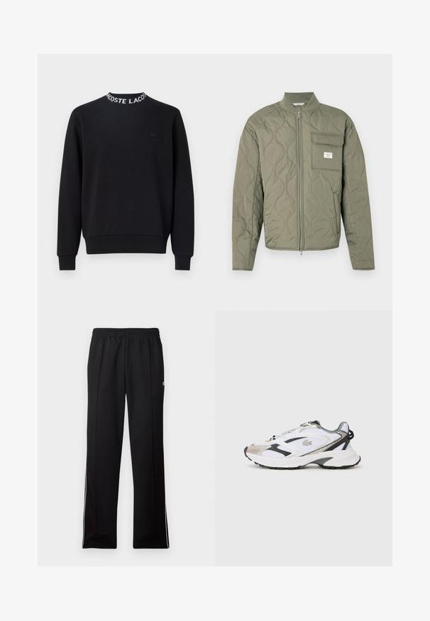 Grøn quiltet jakke med lynlås, bølgemønster, høj krave og en klaplomme på venstre bryst med en hvid label.; Sort sweatshirt med rund halsudskæring, hvid "LACOSTE" tekst, ribbede mansjetter og kant, samt et lille sort logo på brystet.; Sort hel lange træningsbukser med elastisk talje og hvide sidestrimler, der har et lille grønt logo på den øverste side.; Hvide sportsko med sølv- og sorte detaljer, mesh-overdel, struktureret sål og et strømlinet design med et logo på siden.