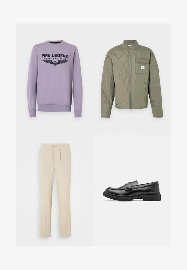 Steppjacke in olivgrün mit Reißverschluss, wellenförmiger Steppung, hohem Kragen und einer Klappentasche auf der linken Brust mit weißem Etikett.; Lila Crewneck-Sweatshirt aus weichem Stoff mit schwarzem Druck auf der Vorderseite "PME LEGEND AMERICAN CLASSIC" und Flügelgrafiken.; Beige, elastische Hosen mit einem Kordelzug. Sie haben gerade Beine und eine glatte Textur, geeignet für Freizeit oder Entspannung.; Schwarze Lederloafer mit einem breiten Riemen über dem Rist, Gummisohle mit dicken Profilen und glatter Textur. Klassisches, schlankes Design.