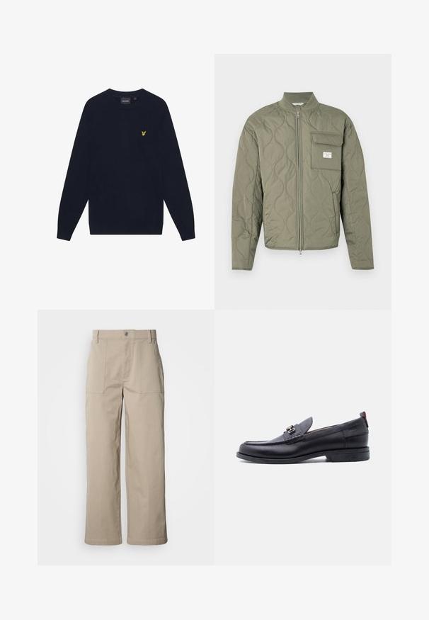 Grøn quiltet jakke med lynlås, bølgemønster, høj krave og en klaplomme på venstre bryst med en hvid label.; Mørkeblå langærmet crew neck sweater med et lille gult broderet ørnelogo på venstre bryst.; Beige bukser med vide ben lavet af bomuld; har forlommer, knaplukning og synlig syning langs kanterne.; Sort lædermokasin med grå tekstureret forfod, sølvfarvet metalspænde, lav hæl og trækflap bagpå.