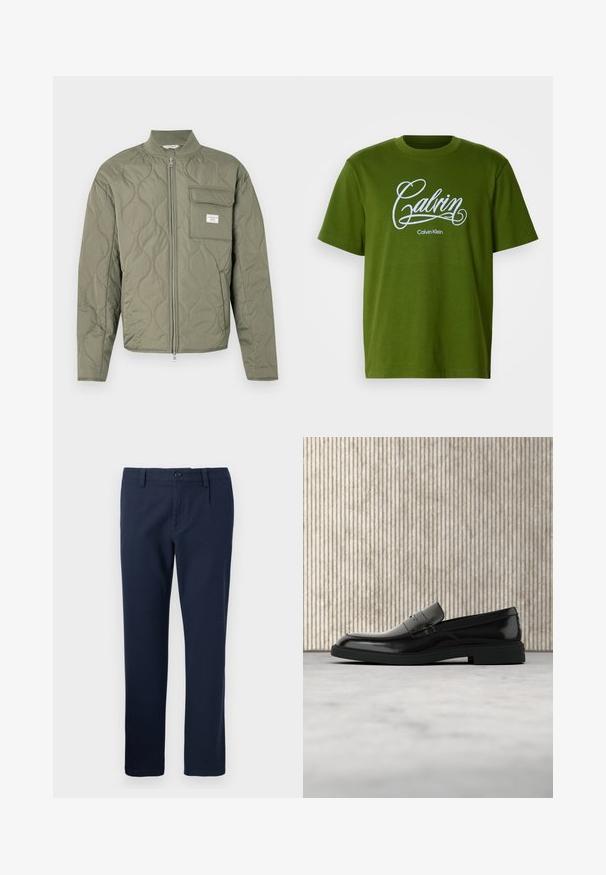 Veste matelassée verte olive à fermeture éclair avec coutures ondulées, col montant et poche à rabat sur la poitrine gauche avec une étiquette blanche.; T-shirt vert à manches courtes avec le script blanc "Calvin" et le texte "Calvin Klein" centré à l'avant sur un fond uni.; Pantalon bleu marine droit avec fermeture par bouton et zip, passants de ceinture et poches avant, présenté sur un fond uni.; Mocassin en cuir noir poli flottant au-dessus d'un tapis beige avec un mobilier translucide orange en arrière-plan.