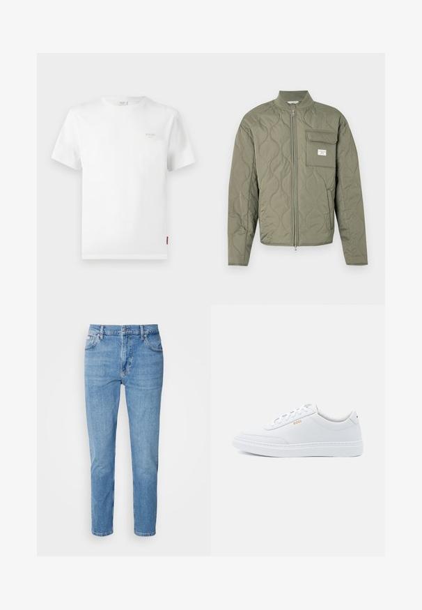 Grøn quiltet jakke med lynlås, bølgemønster, høj krave og en klaplomme på venstre bryst med en hvid label.; Hvid bomulds t-shirt med korte ærmer, rund hals og et lille gråt logo på venstre bryst. Enkel design, regular fit, glat tekstur.; Lys blå denim jeans med lige snit, fem-lomme design og subtilt slid. Har knaplukning og bæltestropper.; Hvide lædersneakers med glat tekstur, rund tå og ton-i-ton syning. Har blå snørebånd og et gult logo på siden.