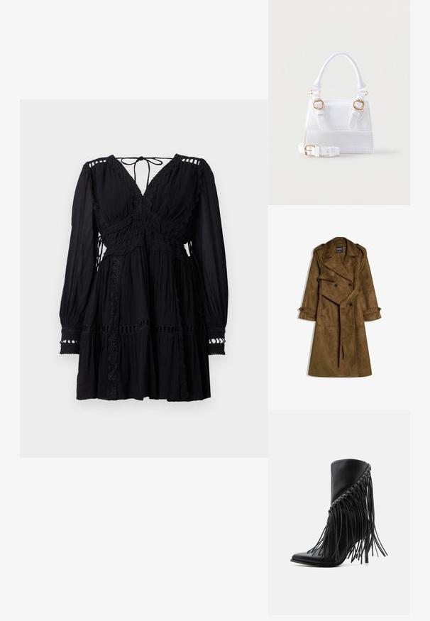 Lang brun ruskinds trenchcoat med dobbeltradede knapper, brede revers, bælte samt knaplukninger på skulder og håndled.; Sort langærmet minikjole med V-udskæring, blondekant, rynket stof og bindelukning i nakken bagpå.; Sort ankelstøvle med høje hæle, skrå frynser og metaløjer langs den øverste kant, spids tå og stiletthæl.; Hvid struktureret håndtaske med tophåndtag, to spænder i guldfarve på forsiden og en aftagelig justerbar skulderrem.