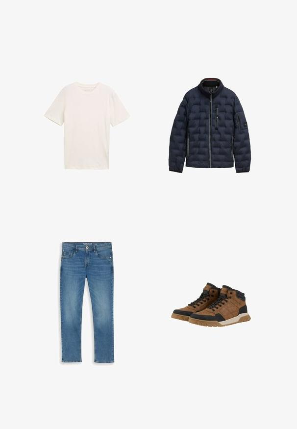 Mørkeblå puffjakke med quiltet mønster, høj krave, lynlås fortil og flere lynlåslommer. Har sorte detaljer og tekstureret stof.; Kortærmet T-shirt med rund hals i off-white bomuld. Har en afslappet pasform med glat tekstur og ingen bemærkelsesværdige mønstre eller accenter.; Blå straight-leg denimjeans med fem lommer, bæltestropper og knaplukning, størrelse 32/32 fra Tom Tailor-mærket.; Brune højtop sko med læderoverdel, sorte netdetaljer, gummisål og struktureret dekoration på siderne. Snørebåndsdesign.