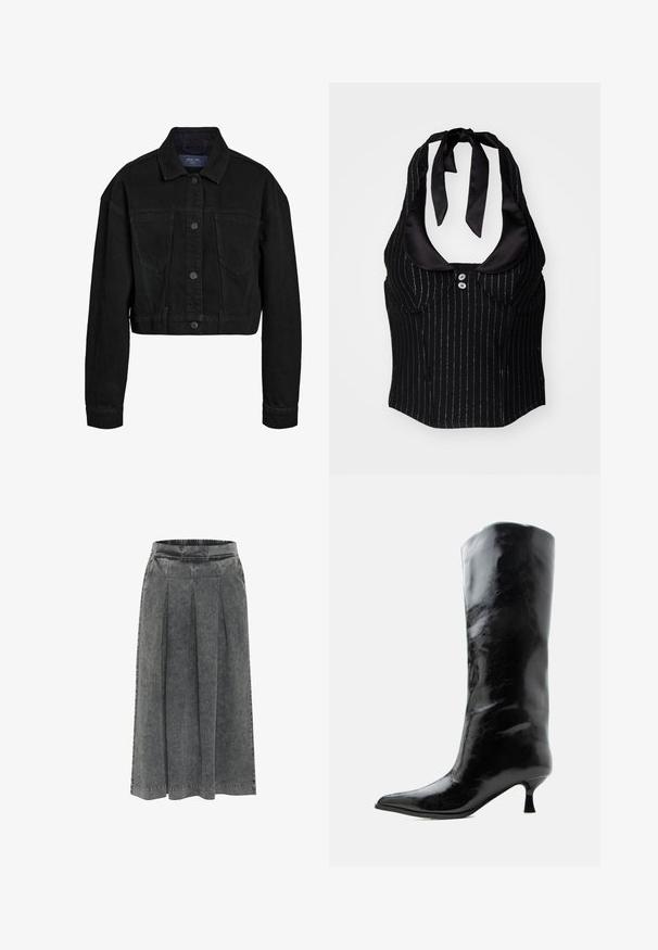 Musthave musternärvitopp, millel on nööpidega esitaskud, kaks rinna taskut ja klassikaline krae. Omab toon-toonis õmblusi ja pikki varrukaid.; Mustkunstkurk, satinist kaelusega, pinstripe disain, ees nupud ja vormitud lõige. Omab kaela taga sidumisvõimalust.; Hallid hall teksaskleid, millel on voldid, elastne vöökoht, põlve pikkune ja tekstuuriga pind. Lihtne disain, ilma nähtavate mustrite või kaunistusteta.; Mustad läikivad põlveni ulatuvad nahast saapad terava varba ja madala kõverdatud kontsaga ühevärvilisel heledal taustal.