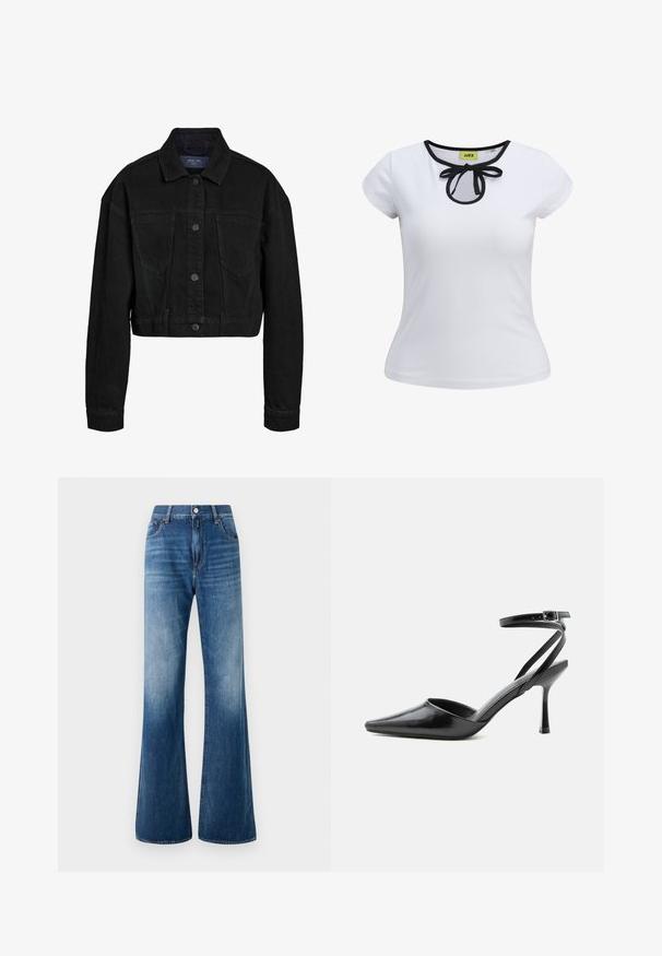 Veste en denim noir, cropped, avec un devant à boutons, deux poches poitrine et un col classique. Comprend des coutures ton sur ton et des manches longues.; T-shirt blanc à manches courtes avec un bord noir autour de l'encolure et un détail en nœud au centre. Fait en tissu de coton lisse.; Jean's bleu évasés avec un délavage usé, design à cinq poches, passants de ceinture et fermeture à bouton à l'avant. Texture lisse et coupe classique.; Escarpin noir à bout pointu avec fines brides de cheville et fermeture à boucle argentée sur fond clair uni.