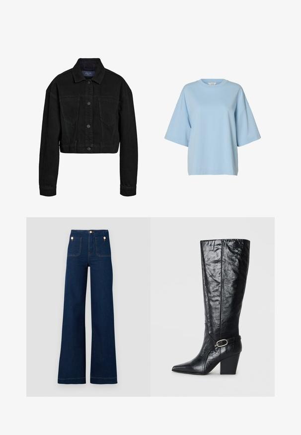 Schwarze, verkürzte Jeansjacke mit Knopfleiste, zwei Brusttaschen und klassischem Kragen. Mit tonalem Nähen und langen Ärmeln.; Hellblaues oversized T-Shirt mit kurzen Ärmeln, Rundhalsausschnitt und abgesetzten Schulternähten auf weißem Hintergrund.; Dunkelblaue, weit geschnittene Jeans mit hoher Taille, goldenen Knopf-Akzenten, zwei Taschen vorne und hinten sowie kontrastierenden Nähdetails. Texturiertem Denim-Stoff.; Schwarze kniehohe Stiefel aus glänzendem Leder, mit einer spitzen Zehe, strukturierter Form und einem dekorativen Riemen mit einer silbernen Schnalle.