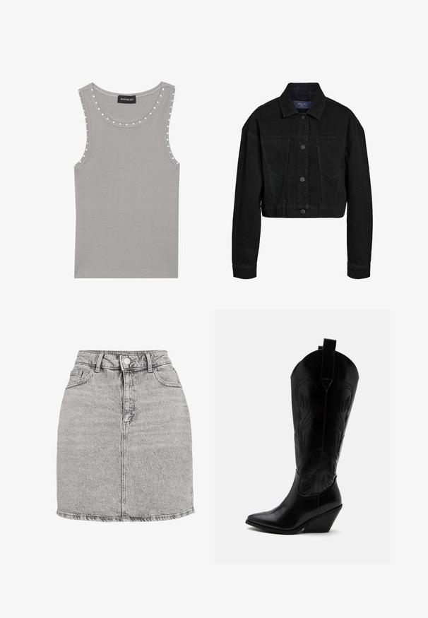 Zwarte denim cropped jack met een knoopsluiting, twee borstzakken en een klassieke kraag. Heeft tonal stiksels en lange mouwen.; Grijze mouwloze top van ribstof, met een ronde halslijn en witte stipaccenten langs de randen. Netjes afgewerkte zoom.; Grijze denim rok met een hoge taille, sluiting met knopen aan de voorkant en twee zijzakken. Heeft een rafelrand en een subtiele stone-washed textuur.; Zwarte leren cowboylaars met puntige neus, schuine blokhak, decoratieve stiksels en aantreklusjes bovenaan tegen een witte achtergrond.