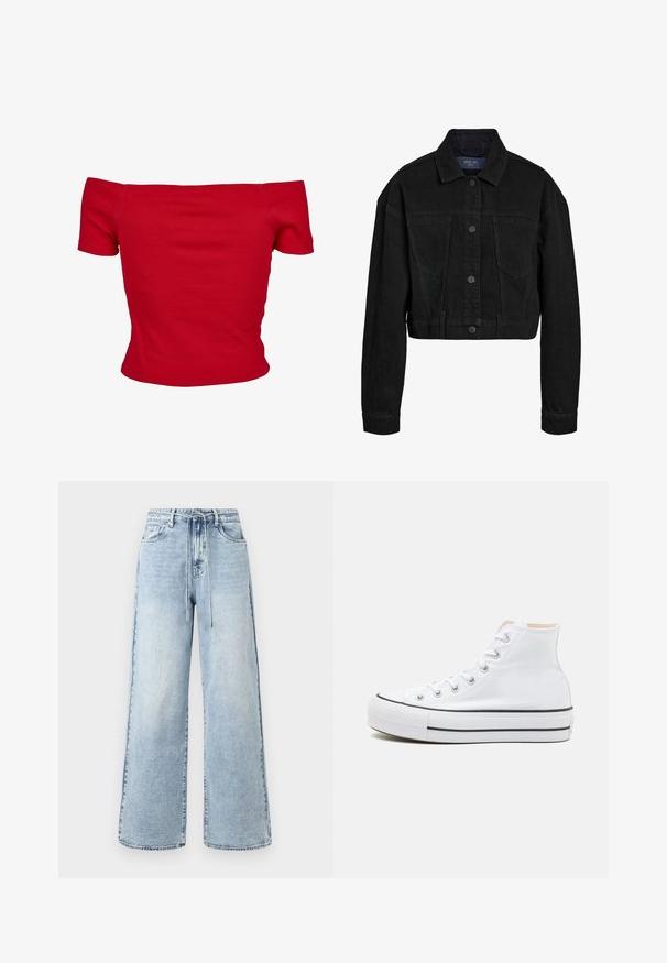 Sort denim cropped jakke med knaplukning foran, to brystlommer og klassisk krave. Har tonede syninger og lange ærmer.; Rød off-shoulder top lavet af ribbet stof, med korte ærmer og tætsiddende design. Glat tekstur, ensfarvet uden mønstre.; Lyseblå, vide jeans lavet af denim, med høj talje, snørebåndslukning og fem-lomme design med minimal falmning.; Hvide høj-top sneakers lavet af kanvasmateriale, sort gummisål og kontrasterende sort stribe på mellemsålen. Rund tåhætte og snørebåndsdesign.