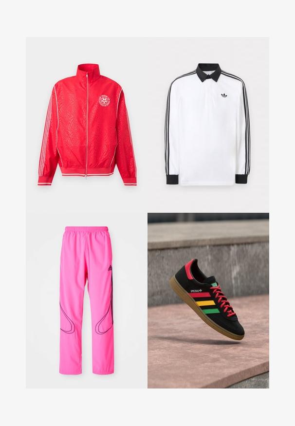 Rood trainingsjack met ritssluiting, subtiel gestructureerd patroon, witte strepen op de mouwen en een rond wit voetbalclublogo op de borst.; Witte lange mouwen polo met zwarte kraag, zwarte manchetten, zwart drie-strepen ontwerp op de mouwen en zwart Adidas-logo op de borst.; Roze sportbroek met een elastische tailleband, zijzakken en contrasterende zwarte gebogen patronen met een Adidas-logo.; Zwarte Adidas Spezial sneaker met rode, gele en groene strepen, rode veters, gumzool en een rode hieldetail, zwevend boven het trottoir.