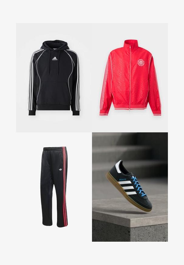 Červená športová bunda na zips s jemným textúrovaným vzorom, bielymi pruhmi na rukávoch a okrúhlym bielym logom futbalového klubu na hrudi.; Čierna mikina Adidas s bielymi pruhmi na rukávoch, bielym lemovaním vpredu, prednou klokankou a kapucňou so šnúrkou.; Čierne športové nohavice s vertikálnou rebrovanou textúrou, s červenými a bielymi bočnými pruhmi a malým bielym logom na ľavej nohe.; Čierna teniska Adidas s bielymi pruhmi, modrými šnúrkami a gumovou podrážkou, ktorá sa vznáša nad sivým betónovým schodom v mäkkom svetle.