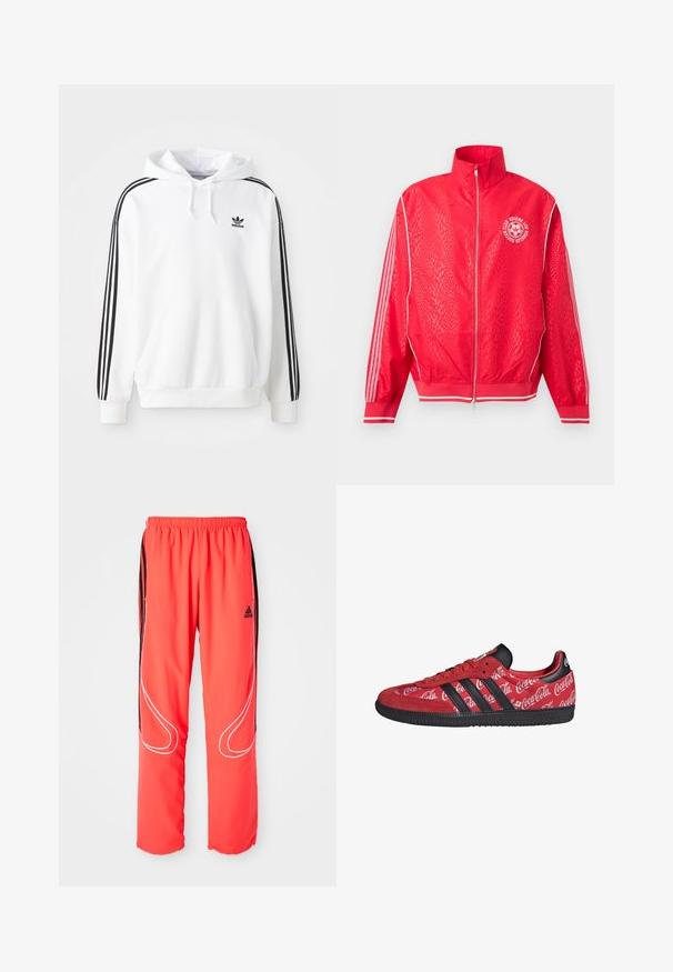 Rood trainingsjack met ritssluiting, subtiel gestructureerd patroon, witte strepen op de mouwen en een rond wit voetbalclublogo op de borst.; Witte hoodie met een voorzak, een trekkoordkap en zwart Adidas-logo. Heeft zwarte strepen langs de mouwen. Zachte stofstructuur.; Rode sportieve broek met een losse pasvorm, elastische tailleband, zwarte zijstrepen en witte biesdetails langs de benen. Adidas-logo op de heup.; Rode Adidas sneaker met zwarte strepen en zool, met witte Coca-Cola-logo's over het hele stoffen bovenwerk.
