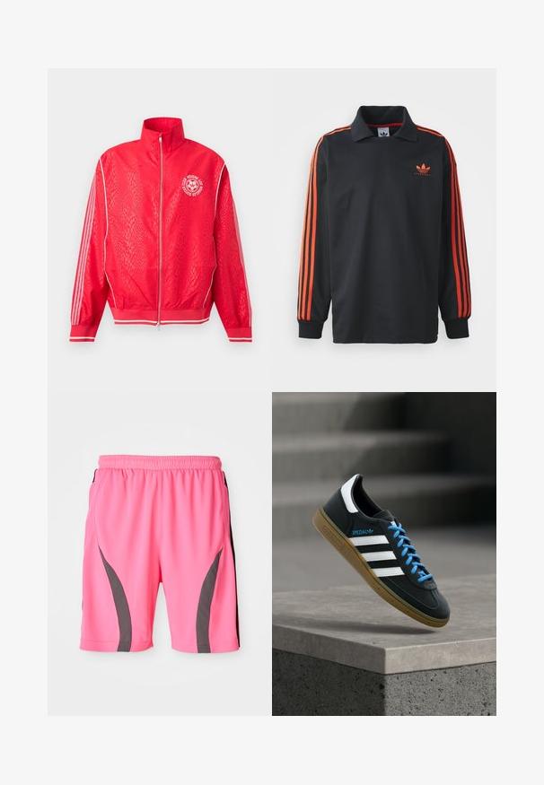 Punane lukuga spordijakk peene tekstuuriga mustriga, valgete triipudega varrukatel ja ümmarguse valge jalgpalliklubi logoga rinnal.; Musta pikem varrukaga polo särk kraega, mille varrukatel on punased triibud ja rinnal väike punane logo. Sile kangastekstuuri.; Erksiroosa spordilähedase lühikesed püksid elastse vöökohtaga. Omab halli külgmisi aktsente ja sujuvat, kerget kangast.; Must Adidas toss valgete triibu, siniste paelte ja kummist tallaga, hõljuv pehme valgusega halli betoonastme kohal.