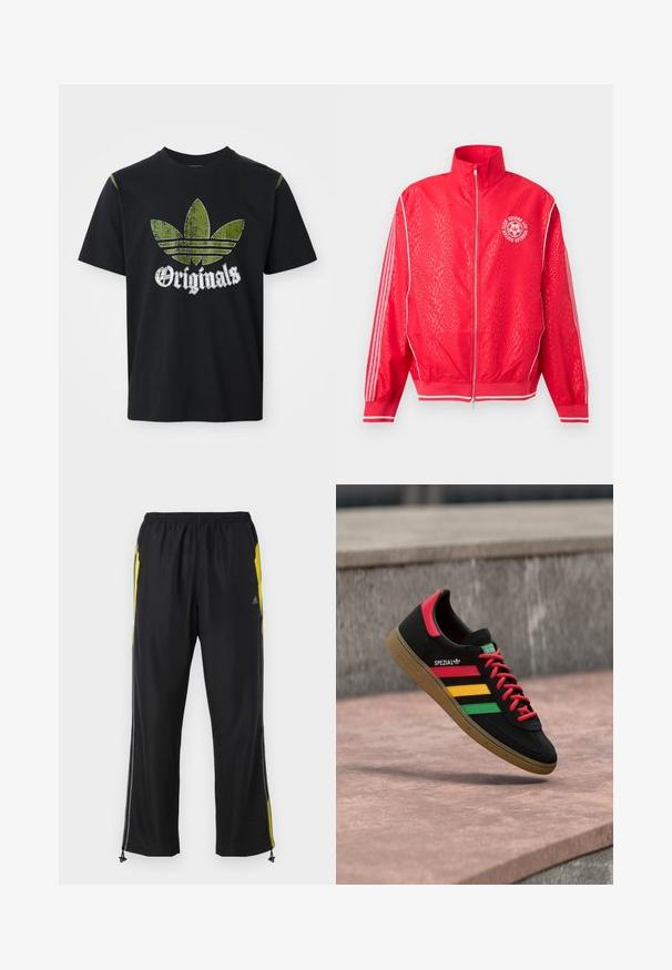 Červená športová bunda na zips s jemným textúrovaným vzorom, bielymi pruhmi na rukávoch a okrúhlym bielym logom futbalového klubu na hrudi.; Čierne bavlnené tričko s roztrhnutým zeleným grafickým dizajnom so tromi pruhmi a slovom "Originals" pod ním v bielej farbe, okrúhly výstrih, krátke rukávy.; Čierne športové nohavice s žltými bočnými akcentmi, elastickým pásom a zipsovými bočnými vreckami. Vyrobené z ľahkej, hladkej tkaniny.; Čierna teniska Adidas Spezial s červenými, žltými a zelenými pruhmi, červenými šnúrkami, gumovou podrážkou a červeným detailom na päte, zobrazená ako vznášajúca sa nad chodníkom.