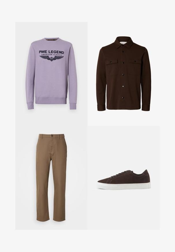 Dunkelbraune Hemdjacke mit langen Ärmeln, Kragen, Knopfleiste vorne und zwei Brustklappentaschen mit Knöpfen.; Lila Crewneck-Sweatshirt aus weichem Stoff mit schwarzem Druck auf der Vorderseite "PME LEGEND AMERICAN CLASSIC" und Flügelgrafiken.; Braune Baumwollhosen mit geradem Schnitt, Knopfverschluss und Seiten Taschen. Sie verfügen über eine glatte Textur und ein schlichtes, unverziertes Design.; Dunkelbrauner Veloursleder-Low-Top-Sneaker mit passenden Schnürsenkeln und dicker weißer Gummisohle, von der Seite auf einfachem Hintergrund gezeigt.