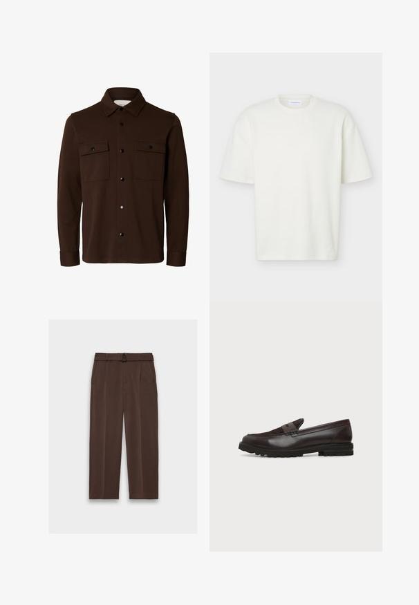 Veste-chemise marron foncé à manches longues avec col, fermeture boutonnée devant et deux poches poitrine à rabat avec boutons.; T-shirt blanc texturé à manches courtes, col rond, coupe régulière et petite étiquette de marque à l'intérieur du col.; Pantalon marron avec une ceinture, présentant une taille haute, un devant plissé et des poches latérales ; fabriqué en tissu lisse et texturé.; Mocassin penny en cuir et daim marron foncé avec semelle épaisse en caoutchouc noir, profil latéral sur fond blanc.