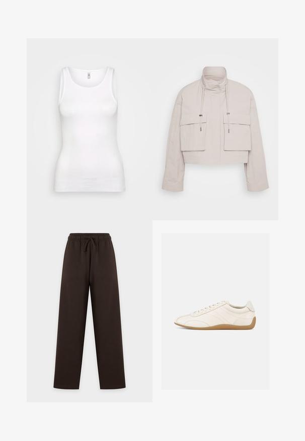 Veste raccourcie en tissu beige clair avec un col haut, deux poches à rabat à l'avant et des cordons de serrage réglables pour un ajustement sécurisé.; Débardeur blanc à côtes avec un col rond et des bretelles larges, arborant une coupe ajustée qui épouse la silhouette. Pas de motifs ni d'accents visibles.; Pantalon large marron foncé avec taille élastique à cordon, présenté à plat sur un fond clair.; Baskets en cuir blanc à texture lisse, bout arrondi et coutures ton sur ton. Elles comportent une semelle en caoutchouc beige et une fermeture à lacets.