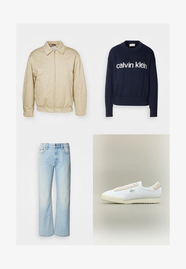 Veste zippée beige avec un col, des poignets et une taille élastiques. Dispose de poches latérales et d'un logo discret sur la poitrine. Texture de tissu lisse.; Pull en maille bleu marine avec un logo "calvin klein" blanc sur la poitrine, des poignets et un ourlet côtelés, fabriqué à partir d'un matériau en tricot doux.; Jeans à jambes larges bleu clair en denim, présentant un design classique à cinq poches et une texture légèrement décolorée. La couture en denim est visible.; Baskets en cuir blanc avec un accent en suède beige. Caractéristiques d'un bout arrondi, de lacets plats et d'une semelle texturée. Logo Lacoste sur le côté.
