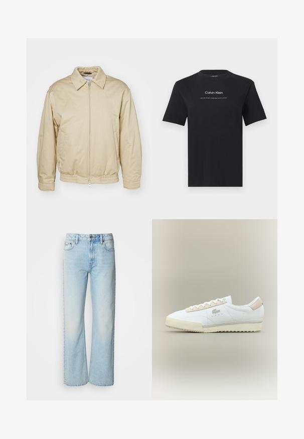 Beige zip-jakke med krave, elastiske cuffs og talje. Har sidelommer og en diskret logo på brystet. Glat stoftekstur.; Sort T-shirt med korte ærmer og rund hals, med teksten "Calvin Klein" og "Established Nineteen Sixty Eight" i hvidt centreret på brystet.; Lyseblå brede jeans lavet af denim med et klassisk fem-lomme design og en subtil falmet tekstur. Denim-syninger er synlige.; Hvide lædersneakers med en beige ruskindsdetalje. Har en rund tå, flade snørebånd og en tekstureret sål. Lacoste-logo på siden.