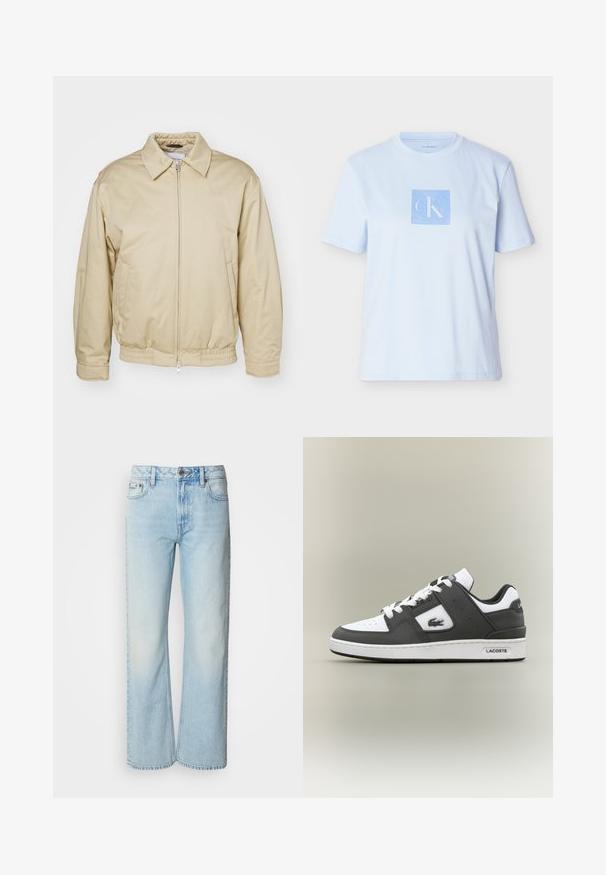 Beige zip-up takki, jossa on kaulus, elastiset hihansuut ja vyötärönauha. Varustettu sivutaskuilla ja hienovaraisella logolla rinnassa. Sileä kangas.; Vaaleansininen puuvillainen t-paita, jossa on tummansinisellä neliönmuotoinen graafinen logo. Lyhyet hihat ja pyöreä pääntie väljässä istuvuudessa.; Vaaleansiniset leveälahkeiset farkut, jotka on valmistettu denimistä. Niissä on klassinen viiden taskun muotoilu ja hienovarainen haalistunut tekstuuri. Denimikohtaa on näkyvissä.; Mustavalkoiset Lacoste-tossut valkoisine nauhoineen, rei'itetty kärki, krokotiililogo sivussa ja brändätty pohja neutraalilla taustalla.