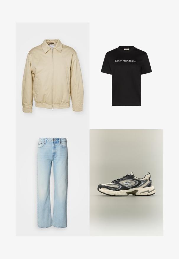 Beige zip-jakke med krave, elastiske cuffs og talje. Har sidelommer og en diskret logo på brystet. Glat stoftekstur.; Sort bomuld T-shirt med rund hals og korte ærmer, med teksten "Calvin Klein Jeans" i hvid over brystet.; Lyseblå brede jeans lavet af denim med et klassisk fem-lomme design og en subtil falmet tekstur. Denim-syninger er synlige.; Sorte og beige mesh sneakers har en polstret krave, tekstureret overdel og en fremtrædende logo på siden. Slank design med bøjet sål.
