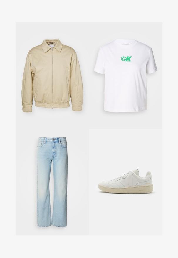 Veste zippée beige avec un col, des poignets et une taille élastiques. Dispose de poches latérales et d'un logo discret sur la poitrine. Texture de tissu lisse.; T-shirt en coton blanc avec un col rond et des manches courtes, arborant un logo Calvin Klein vert sur le devant. Design classique à coupe droite.; Jeans à jambes larges bleu clair en denim, présentant un design classique à cinq poches et une texture légèrement décolorée. La couture en denim est visible.; Baskets en cuir blanc avec une boîte à orteils perforée, semelle en caoutchouc beige contrastante et accents de logo sur le côté et le talon. Design minimaliste.