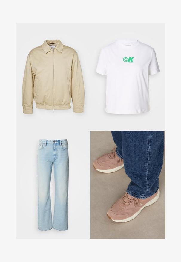 Chaqueta beige con cremallera y cuello, con puños y cinturilla elásticos. Cuenta con bolsillos laterales y un logo sutil en el pecho. Textura de tela suave.; Camiseta blanca de algodón con cuello redondo y mangas cortas, que presenta un logo verde de Calvin Klein en el frente. Diseño clásico de corte recto.; Vaqueros de pierna ancha azul claro confeccionados en denim, con un diseño clásico de cinco bolsillos y una sutil textura deslavada. La costura del denim es visible.; Zapatillas deportivas de un rosa claro con una parte superior de ante texturizado, que presentan una suela blanca y un branding sutil, combinadas con jeans de mezclilla azul oscuro.