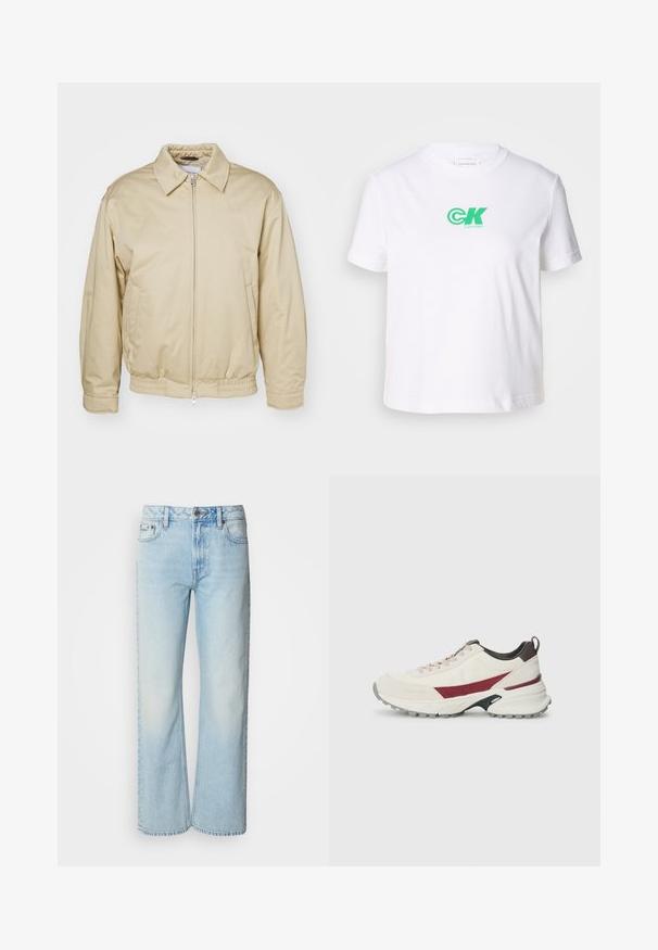 Chaqueta beige con cremallera y cuello, con puños y cinturilla elásticos. Cuenta con bolsillos laterales y un logo sutil en el pecho. Textura de tela suave.; Camiseta blanca de algodón con cuello redondo y mangas cortas, que presenta un logo verde de Calvin Klein en el frente. Diseño clásico de corte recto.; Vaqueros de pierna ancha azul claro confeccionados en denim, con un diseño clásico de cinco bolsillos y una sutil textura deslavada. La costura del denim es visible.; Zapatilla en blanco roto con acentos burdeos, material superior texturizado, suela de goma resistente, punta redonda y sistema de cordones.