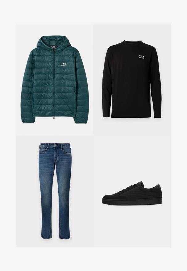 Veste matelassée en vert foncé avec capuche, dotée d'une fermeture éclair et d'un design matelassé horizontal. Logo EA7 sur la poitrine. Texture lisse et brillante.; Chemise à manches longues noire en tissu doux. Présente un petit logo blanc sur la zone de la poitrine gauche. Encolure ronde simple et coupe droite.; Jean en denim d'un bleu moyen. Présente un design à jambe droite, style cinq poches, fermeture éclair à l'avant et coutures contrastées.; Basket basse noire avec motif logo ton sur ton, design à lacets et semelle plate sur un fond clair uni.